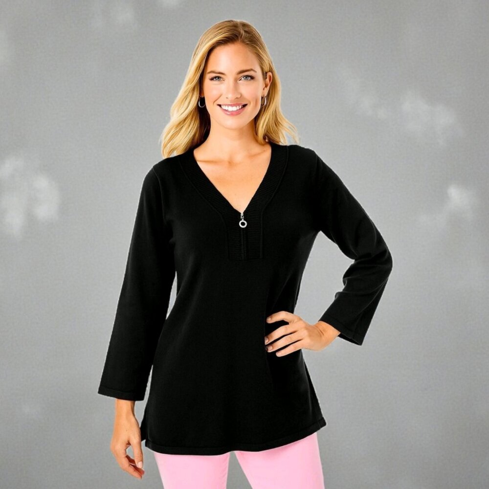 Cable & Gauge Black Zip-Front Tunic Sweater Women’s XL Classic Preppy Minimalist